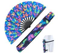 CREATCABIN 12.6 Inch Large Rave Fan UV Folding Glow Adjustable Bamboo Hand Fan with Bags Belt for Men Women Summer Line Dance Parties Music Festivals Club Performance Accessories Decoration(Butterfly)