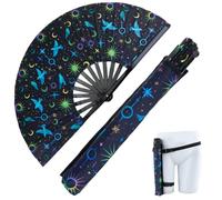CREATCABIN 12.6 Inch Large Rave Fan UV Folding Glow Bamboo Adjustable Hand Fan with Bags Belt for Men Women Summer Line Dance Parties Music Festivals Club Performance Accessories Decoration(Bird)