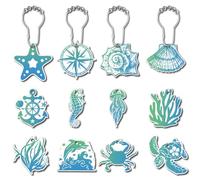 CREATCABIN 12Pcs 12Styles Sea Animal Shower Curtain Rings Blue Ocean Shower Curtain Hooks Stainless Steel Shower Rings Hooks Decorative for Bathroom Shower Curtains Rods Hangers Set of 12
