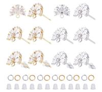 CREATCABIN 12Pcs 2 Color Brass Cubic Zirconia Flower Stud Earring Findings Ear Stud Earrings Earring Posts with Loops Open Jump Rings Ear Nuts for DIY Earring Jewelry Making Supplies Golden 15mm
