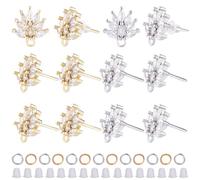 CREATCABIN 12Pcs 2 Color Brass Cubic Zirconia Flower Stud Earring Findings Ear Stud Earrings Earring Posts with Loops Open Jump Rings Ear Nuts for DIY Earring Jewelry Making Supplies Golden 12x11.5mm