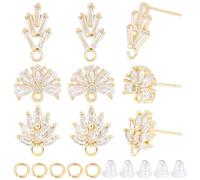 CREATCABIN 12Pcs 3 Styles Brass Cubic Zirconia Flower Stud Earring Findings Golden Earring Posts Crystal Blossom Leaf with Loops Open Jump Rings Ear Nuts for DIY Earring Jewelry Making Supplies