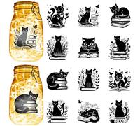 CREATCABIN 12Pcs Cat Silhouettes Mason Jar Decor Book Lantern Laser Cutouts Cat Plastic Silhouette Wall Decal Scrapbook Stickers for Frosted Glass Wall Window Cars Cardboard Decor DIY Crafts 3.5x3.9in