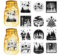 CREATCABIN 12Pcs Christmas Mason Jar Silhouette Laser Cut Cardboard Snowman Santa Claus Xmas Tree Black Die Cuts PVC Jars Scrapbook Decorations for Crafting Light Lamp Frosted Glass-No Sticker 4x3.5in