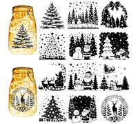 CREATCABIN 12Pcs Christmas Silhouettes Mason Jar Decor Christmas Tree Laser Cut Cardboard Scrapbook Cutouts Die Cuts PVC Decoration for DIY Crafts Lantern Jars Wall Window Glass 3.9x3.5Inch-No Sticker