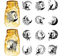 CREATCABIN 12Pcs Fairy Angel Silhouettes Mason Jar Decor Moon Laser Cut Cardboard Scrapbook Cutouts Die Cuts PVC for Crafting Lantern Jars Wall Painting Window Glass Phones 3.9x3.5Inch-No Sticker