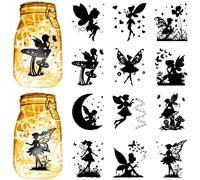 CREATCABIN 12Pcs Fairy Silhouettes Mason Jar Decor PVC Laser Die Cut Scrapbook Fairies Cardboard Cutouts Silhouette Ornament for DIY Light Lamp Jar Glass Decoration Supplies Black 4x3.5Inch-No Sticker