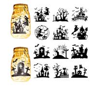 CREATCABIN 12Pcs Halloween Silhouettes Mason Jar Decor PVC Laser Die Cut Scrapbook Ghost Cardboard Cutouts Silhouette Ornament for DIY Light Lamp Jar Decoration Supplies Black 4x3.5Inch-No Sticker
