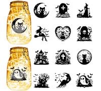 CREATCABIN 12Pcs Mason Jar Silhouette Cutouts Halloween Laser Cut Cardboard Black Cat Moon Witch Bat Skull Plastic Die Cuts PVC for Crafting Lantern Jars Wall Windows Glass Phones 3.9x3.5in-No Sticker