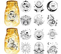 CREATCABIN 12Pcs Moon Phase Silhouettes Mason Jar Decor Sun Witchy Laser Cut Cardboard Scrapbook Cutouts Die Cuts PVC for Crafting Lantern Jars Wall Painting Windows Glass 3.9x3.5Inch-No Sticker