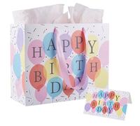 CREATCABIN 13" Large Happy Birthday Gift Bag Paper Birthday Gift Bag with Tissue Paper Handle Greeting Card for Women Men Birthday Party Gathering Promotions Family Colourful Balloon 10.24x12.99 Inch