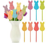 CREATCABIN 14Pcs Rabbit Picks Easter Vase Decor Wooden Colorful Spring Holiday Theme Bunny Shaped Boho Farmhouse Table Decorative Filler Floral Pick for Home Party Flower Arrangements 6.5" x 1.6"