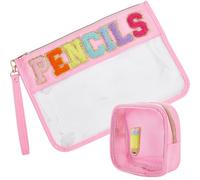 CREATCABIN 2 Packs Pink Chenille Letter Bag Clear Flat Pouch Waterproof Stuff Cosmetic Bags Travel Makeup Organizer Bag With Preppy Patches Zipper PVC Toiletry Bag for Women Travel Gym Beach Swimming