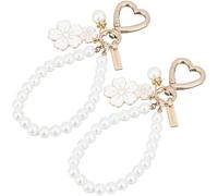 CREATCABIN 2 Pcs Cute Pearl Keychains for Women Cherry Blossom Flower Charm Wristlet Keychain Golden Car Keys Chain Imitation Pearl Keyring Pendant for Purse Bag Handbag Accessories Gift 5.12 Inch