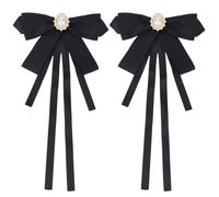 CREATCABIN 2 Pcs Women Bow Tie Clip on Bow Ties Ribbon Bowtie Brooch Black Bowtie with Imitation Pearls Rhinestone for Party Daily Cosplay School Shirt Uniform Wedding Blouse Costume 9.45×4.92 Inch