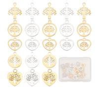 CREATCABIN 20Pcs 10 Styles Tree of Life Charms Pendants Flat Round Heart Hollow Platinum Golden Charms 304 Stainless Steel Charms for Jewelry Making Findings DIY Craft Supplies Necklaces Earrings