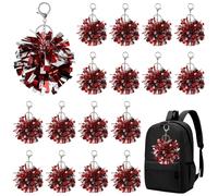 CREATCABIN 20Pcs Red Cheer Pom Pom Keychain Cheerleading Key Chains Bulk Plastic Cheerleader Foil Pompom Charm Keyrings with Silver Lobster Claw Clasp for Sports Camp Team Gift Accessories 5.9 Inch