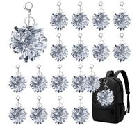 CREATCABIN 20Pcs Silver Cheer Keychain Cheerleading Pom Pom Key Chain Bulk Plastic Cheerleader Foil Pompom Charm Keyrings with Silver Lobster Claw Clasp for Sports Camp Team Gift Supplies 5.9 Inch