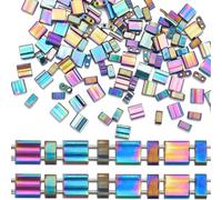 CREATCABIN 210Pcs 2 Hole Tila Beads Mix Glass Seed Beads Rectangle 1/2 Half Tila Bead Mini Electroplate with Container Rainbow Plated Bulk for Craft Bracelet Necklace Earring Jewelry Making 2mm 5mm