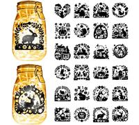 CREATCABIN 24 Pcs 24Styles Halloween Pumpkin Mason Jar Decals Silhouettes Animals Fox Rabbits Cut Cardboard Scrapbook Cutouts Waterproof Stickers for Lantern Jars Water Bottle 7.8x5.9 Inch