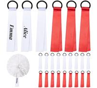 CREATCABIN 24 Pcs Cheerleader Pom Poms Name Tags Cheerleading Name Tags Sports Cheer Ribbon Sublimation Blank Labels Personalized Gifts Accessories for Travel Suitcases Backpack Keychains Red White