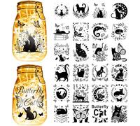 CREATCABIN 24 Pcs Halloween Cat Mason Jar Decor Silhouettes Decals Scrapbooking Sticker Cardboard Making Crafts Laser Cut PVC Waterproof Decoration Home Display for Christmas Camping 3.5x3.9 Inch