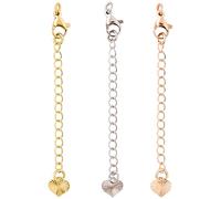 CREATCABIN 24Pcs/Box 3 Colors Necklace Bracelet Extenders 18K Gold Plated Brass Chain Extensions with Lobster Claw Clasps Heart Chain Tabs Connectors for Jewelry Necklaces Rose Gold Silver 2.56Inch