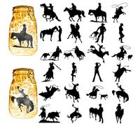 CREATCABIN 24Pcs Cowboy Silhouettes Mason Jar Decor Western Laser Cut Cardboard Scrapbook Cutouts Die Cuts PVC for Crafting Lantern Jars Wall Painting Windows Glass Phones 3.9x3.5Inch-No Sticker