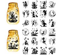 CREATCABIN 24Pcs Fairy Silhouettes Mason Jar Decor Angel Lantern Laser Cutouts Ornaments Mushroom Butterfly Scrapbook for Frosted Glass Wall Windows Cars DIY Crafts Xmas Black 3.9x3.5Inch(No Sticker)