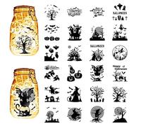 CREATCABIN 24Pcs Halloween Silhouettes Mason Jar Decor Witch Lantern Laser Cutouts Decorations Plastic Scrapbook Decorations for Jars Wall Windows Glass Car Decor DIY Craft Gifts Black 3.9x3.5Inch