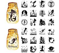 CREATCABIN 24Pcs Summer Mermaid Silhouettes Mason Jar Decor Lantern Laser Cutouts Decorations Plastic Scrapbook Embellishment for Jars Wall Windows Glass Car Decor DIY Crafts Gifts Black 3.9x3.5Inch