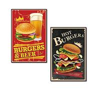 CREATCABIN 2pc Metal Tin Sign Hot Burgers Beer Food Retro Vintage Funny Wall Art Mural Hanging Iron Painting for Home Garden Bar Pub Kitchen Living Room Office Garage Plaque Christmas 12 x 8inch