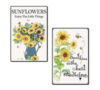 CREATCABIN 2pc Metal Tin Sign Sunflowers Sunshine Bee Retro Vintage Funny Wall Art Mural Hanging Iron Painting for Home Garden Bar Pub Kitchen Living Room Office Garage Plaque Christmas 12 x 8inch