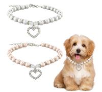 CREATCABIN 2Pcs 2 Colors Pet Pearl Necklace Beaded Dog Collar Adjustable White Pink Plastic Imitation Pearls Alloy Rhinestone Heart Charm Necklaces for Cats Puppy Party Wedding Birthday 12.6 Inch