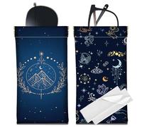 CREATCABIN 2Pcs 2 Styles Dark Blue Glasses Case Soft Eyeglasses Pouch PU Leather Portable Waterproof Slim Squeeze Top Divination Tarot Star Moon Sunglasses Bag with 2Pcs Cloths for Travel 7.1 x 3.5
