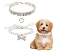 CREATCABIN 2Pcs 2 Styles Rhinestone Dog Necklace Bling Pet Collar Necklace Adjustable White Bowknot Imitation Pearls Bowknot Dogs Bone Heart Charm Collars for Cats Puppy Party Wedding Birthday
