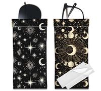 CREATCABIN 2Pcs Black Glasses Case Slim Leather Sunglasses Case Bags Moon Star Eyeglasses Holder Pouch Travel Portable Squeeze Waterproof with Soft Cleaning Cloth Gift for Women Men Halloween 7x3.5in