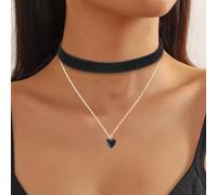 CREATCABIN 2Pcs Black Layered Choker Set Leather Velvet Necklaces for Women Adjustable Heart Necklaces Choker Grunge Punk Classic Gothic Collar Jewelry Chain for Party Cosplay 15/18Inch