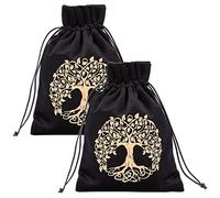 CREATCABIN 2Pcs Black Tarot Storage Bag Thick Velvet Packing Pouches Tree of Life Symbol Drawstring Bag Protective Card Board Game Embroidery for Tarot Dice Card Jewelry Crystal Pouch