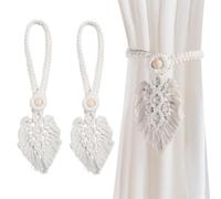 CREATCABIN 2Pcs Bohemian Curtain Tiebacks Leaf Curtain Holdbacks Boho Farmhouse Curtains Tie Backs Handmade Drapes Decorative Rope Wooden Bead Clutch Curtains Buckle for Home Bedroom White 16.3in