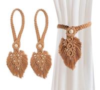 CREATCABIN 2Pcs Curtain Tiebacks Bohemian Curtain Holdbacks Boho Leaf Curtains Tie Backs Farmhouse Hand-Woven Drapes Decorative Rope Wooden Bead Clutch Curtains Buckle for Home Window Brown 16.3in