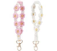 CREATCABIN 2Pcs Daisy Weave Keychain Macrame Keyring White Pink Wristlet Key Chain Holder Cotton Tassel Bracelet Keyring Boho Handmade Flower Wrist Lanyard with Alloy Clasp for Women 8Inch