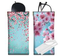 CREATCABIN 2Pcs Glasses Case Leather Slim Sunglasses Case Bags Portable Squeeze Top Eyeglasses Holder Pouch Cherry Blossom Waterproof with Soft Cleaning Cloth Gift for Women Men Travel Beach 7x3.5Inch