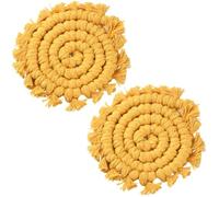 CREATCABIN 2Pcs Gold Car Coaster Cotton Car Coasters Universal Boho Rustic Woven Macrame Round Drink Cups Holder Mini Mat Pad for Automotive Interior Home Kitchen Office Decor Accessories 3.35 Inch