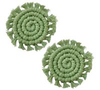 CREATCABIN 2Pcs Green Car Coasters Mini Car Cupholder Coaster Cotton Universal Boho Rustic Woven Macrame Round Drink Mat Pad for Automotive Interior Home Kitchen Office Decor Accessories 3.35 Inch