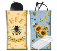 CREATCABIN 2Pcs Leather Glasses Case Soft Portable Slim Sunglasses Case Bag Squeeze Top Eyeglasses Holder Pouch Travel Bee Sunflower Waterproof with Cleaning Cloth Gift for Women Men Holiday 7x3.5Inch