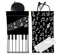 CREATCABIN 2Pcs Leather Slim Glasses Case Portable Soft Sunglasses Case Bag Musical Note Eyeglass Holder Pouch Travel Squeeze Top Lightweight with Cleaning Cloth Gift for Women Men 7x3.5 Inch