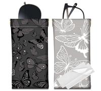 CREATCABIN 2Pcs Leather Slim Glasses Case Portable Soft Sunglasses Case Bag Squeeze Top Butterfly Eyeglass Holder Pouch Travel Lightweight with Cleaning Cloth Gift for Women Men Black Silver 7x3.5Inch