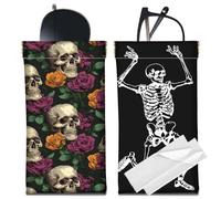 CREATCABIN 2Pcs Leather Sunglasses Case Portable Slim Glasses Case Soft Eyeglasses Bag Skull Rose Squeeze Top Eyeglass Holder Pouch Travel Waterproof with Cleaning Cloth Gift for Women Men 7x3.5 Inch