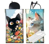 CREATCABIN 2Pcs Leather Sunglasses Case Soft Portable Slim Glasses Case Bag Cat Flower Squeeze Top Eyeglasses Holder Pouch Travel Waterproof with Cleaning Cloth Gift for Women Men Holiday 7x3.5 Inch